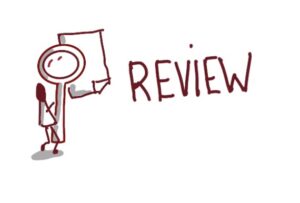 Illustration af review med tændstikmand der læser papir