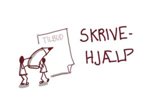 Illustration af skrivehjælp med to tændstikmænd der skriver på et tilbud