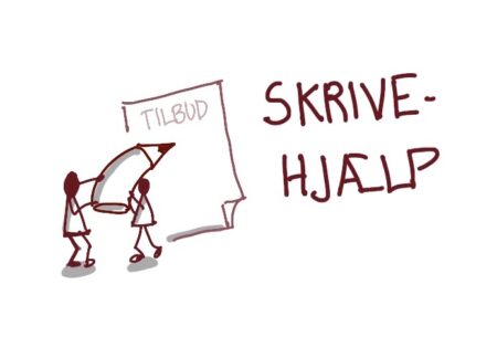 Illustration af skrivehjælp med to tændstikmænd der skriver på et tilbud